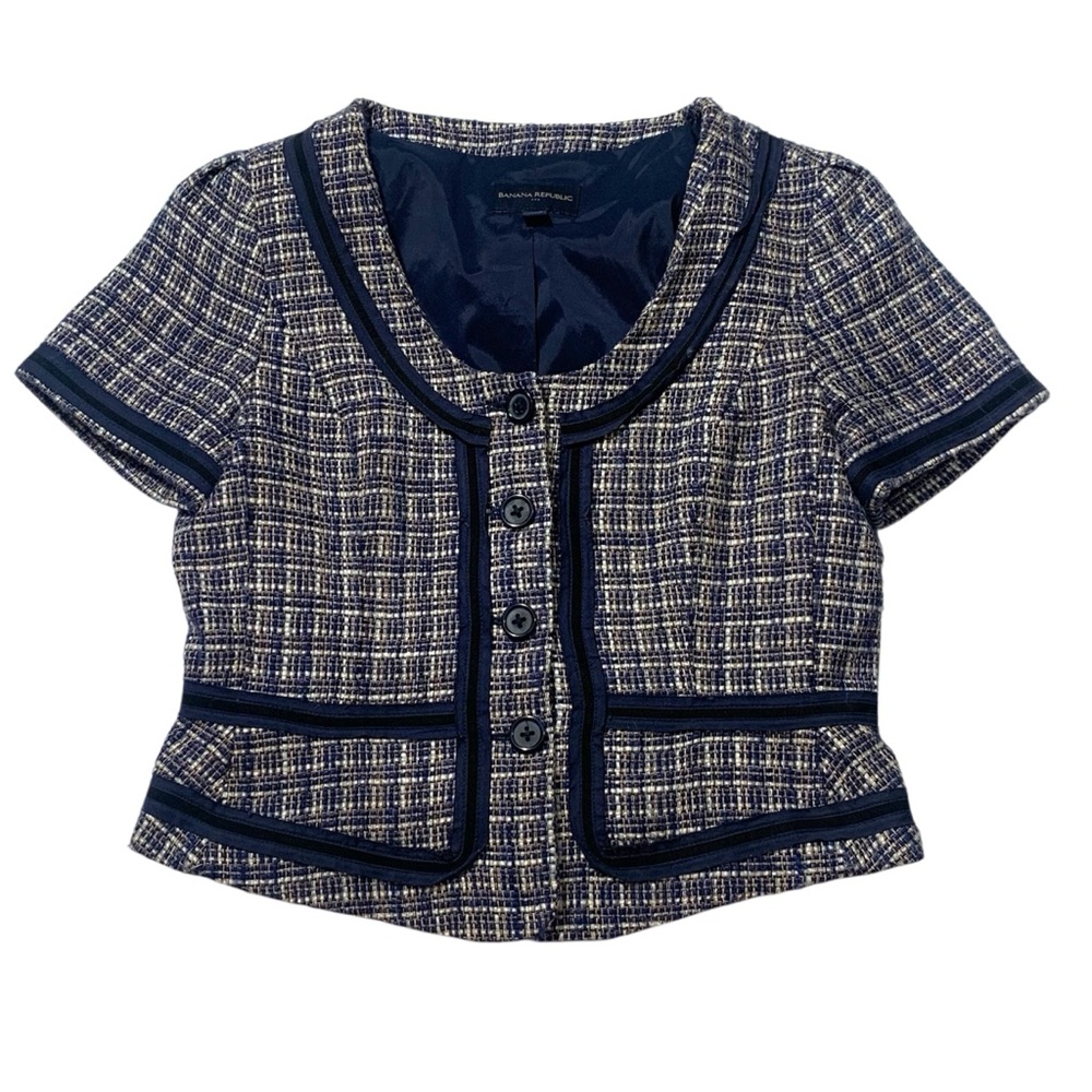 Banana Republic Women Short Sleeve Navy Tweed Button Down Blazer Jacket Sz 10